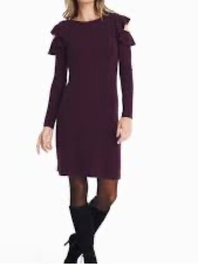 White House Black Market Plum Ruffle-cold Shoulder Long-Sleeve Dress 254